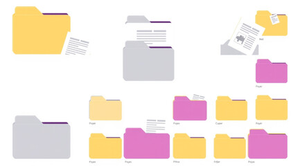 Illustration showing multiple folders with documents in yellow gray and pink colors on a white background created with generated ai