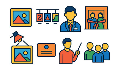 Flat vector icons of art galleries: framed artwork, gallery wall, art curator, gallery opening, artist spotlight, exhibition light, gallery label, guided tour.