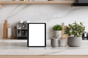 Modern kitchen scene featuring a tablet, coffee mugs, and a decorative plant on a marble countertop with a minimalist design.