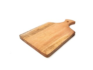 Wooden chopping board isolated on white background with high angle view 