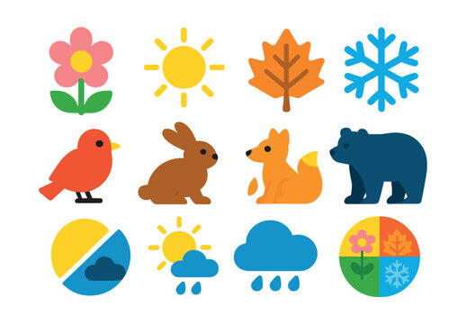 Flat vector icons of seasonal nature: blooming spring, sunny summer, falling leaves, snowy winter, seasonal tree icons, seasonal animals, weather shift, season circle.