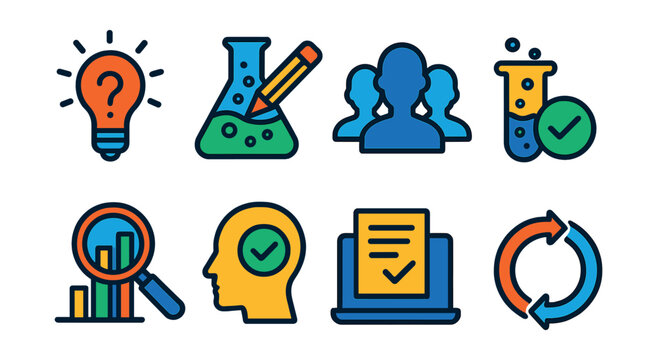 Flat vector icons of scientific method: hypothesis icon, test idea, control group, experiment repeat, analyze result, form conclusion, publish result, method cycle.