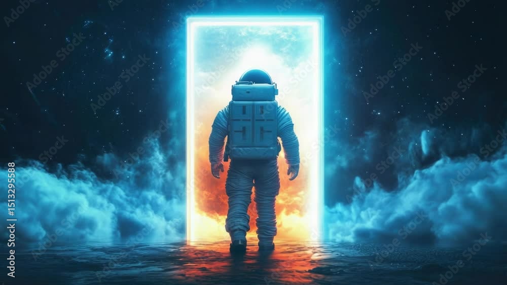 Poster astronaut standing at the entrance of a spacecraft, wearing a spacesuit