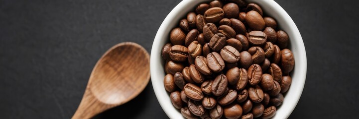 Obraz premium Freshly roasted coffee beans on a dark background. Next to them is a wooden spoon, reminding of the upcoming brewing process. A banner with space for the text.