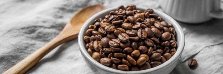 Naklejka premium Freshly roasted coffee beans on a dark background. Next to them is a wooden spoon, reminding of the upcoming brewing process. A banner with space for the text.