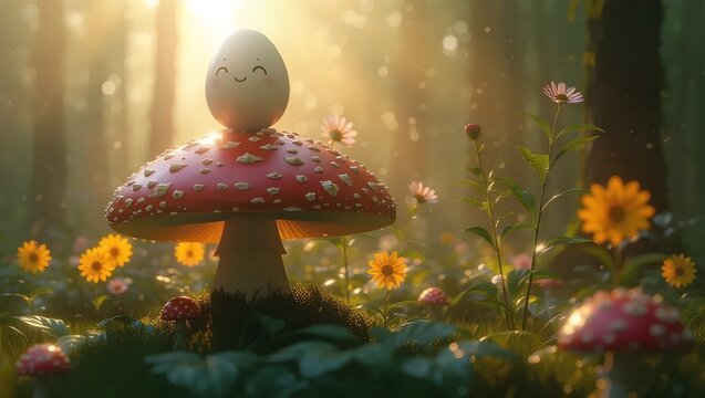 An adorable, smiling egg character perched atop a mushroom in a sun-dappled, magical forest.