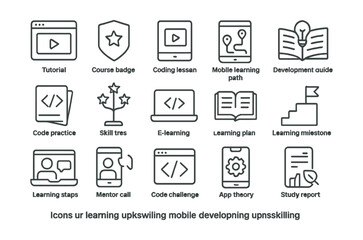Line style icons of learning and upskilling in mobile dev: tutorial icon, course badge, coding lesson, mobile learning path, development guide, code practice, skill tree, e-learning icon, knowledge