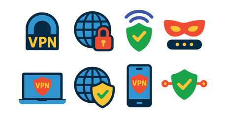 Flat vector icons of VPN and secure browsing: VPN tunnel, encrypted web, secure internet, masked IP, VPN connection, secure globe, VPN app, connection shield.