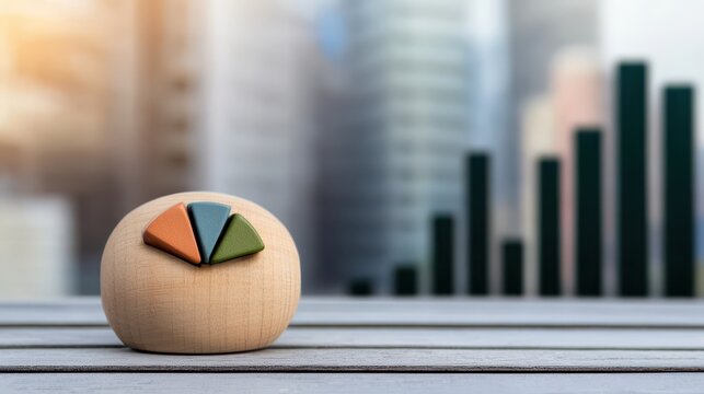 economy consumption strategy concept. A decorative object on a table with a blurred cityscape and bar graph in the background.