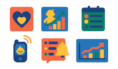 Flat vector icons of parenting apps and digital tools: parenting app icon, growth tracker, daily log, routine scheduler, baby monitor app, notifications panel, digital milestone chart, parenting tips