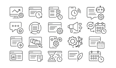 Line style icons of automation and smart posting: auto post icon, scheduled upload, smart queue, time-based trigger, content bot, automated reply, post rotation, rule-based posting, smart campaign,
