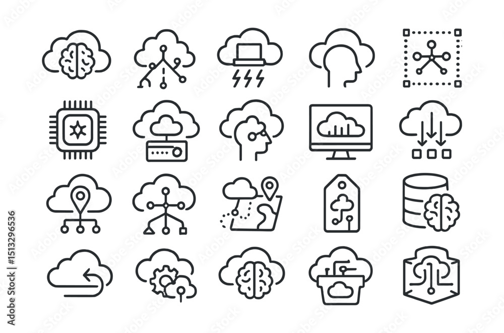 Wall mural line style icons of cloud-based ai services: ai in cloud, scalable ml engine, serverless inference, 