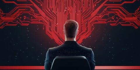 economy consumption strategy concept. A person seated in front of a futuristic circuit board backdrop.