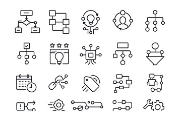 Line style icons of automation and smart workflow: rule-based logic, workflow automation, smart trigger, AI decision loop, intelligent rule, auto-suggestion, event processor, condition tree,