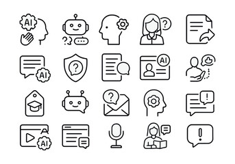 Line style icons of AI support and training help: help from AI, chatbot support, FAQ automation, smart assistant help, how-to prompt, support script, knowledge base AI, AI guidance card,