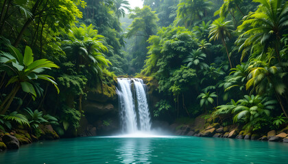 Stunning Rainforest Waterfall into Turquoise Water Pool – Exotic Nature Paradise in 4K