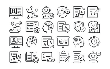 Line style icons of learning and education through AI: adaptive course icon, AI tutor, smart feedback system, auto quiz generator, learning path optimizer, content recommendation, knowledge graph AI,