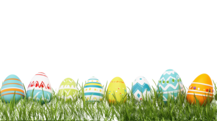 Colorful Decorated Easter Eggs Arranged on Green Grass against a Transparent Background