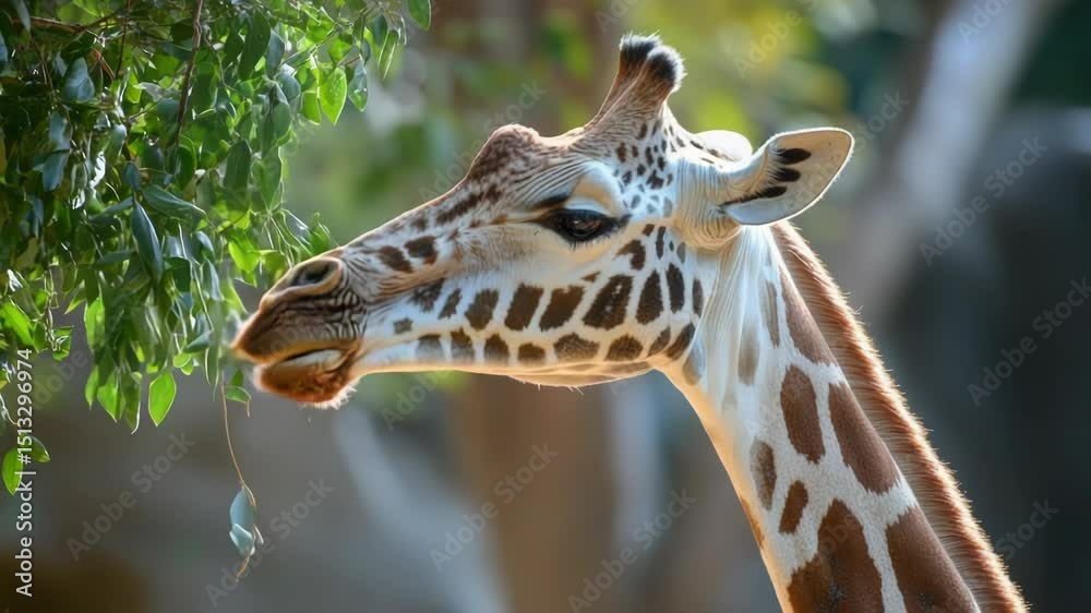 Poster a close-up shot of a giraffe munching on leaves from a tree