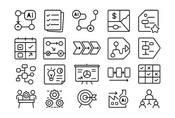 Line style icons of planning and strategic AI use: AI strategy map, adoption plan, AI roadmap, business model with AI, transformation flow, use-case planner, AI decision board, value chain with AI,