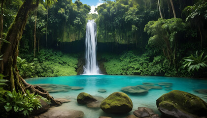 Peaceful Waterfall in Lush Jungle with Clear Blue Lagoon – Travel and Nature Concept