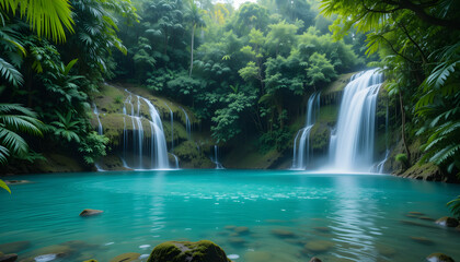 Tropical Waterfall Cascading into Turquoise Lagoon in Rainforest – High-Resolution Nature Scene
