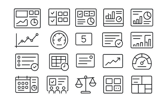Line style icons of project dashboards and metrics: dashboard layout, real-time task board, metrics tile panel, project summary widget, sprint velocity graph, KPI ring UI, backlog count tile,