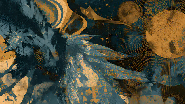 avant-garde album art | metaphysical battle | ritual intensity | dull gold and oxidized blue | symbolic symmetry | archaic weapons | abstract erosion layers | frottage | dream conflict mythology |