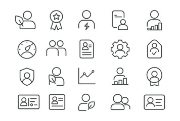 Line style icons of user roles and profiles in sustainability: eco user profile, contributor badge, energy consumer icon, role level icon, user impact meter, team member avatar, identity sheet,