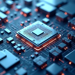 Fototapeta premium Futuristic central processor unit. Powerful Quantum CPU on PCB motherboard with data transfers.