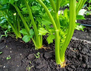 Obraz premium Fresh celery stalks and leaves thrive in rich, dark soil, promising a healthy and delicious harvest