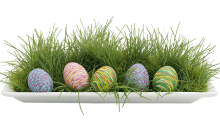 Colorful Easter Eggs Arranged on Green Grass in a Decorative Tray for Spring Celebration