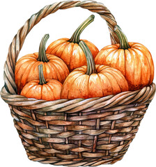 pumpkin in wicker basket watercolor art illustration drawing 