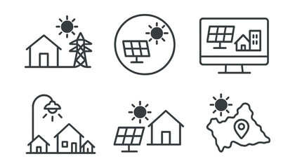 Line style icons of sustainable energy: rural electrification icon, off-grid panel system badge, mini-grid setup screen, village lighting symbol, solar home kit panel, access to energy map.