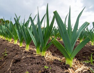 Obraz premium Rows of leek plants are growing in deeply dug furrows, surrounded by mulch, with their tall green leaves reaching towards a cloudy sky