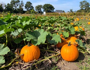 Obraz premium Ripe orange pumpkins nestled among large green leaves, spreading vines covering fertile ground during autumn harvest season