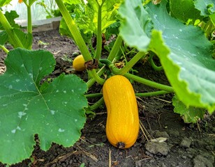 Ripe yellow squash hanging from verdant vines, sheltered by broad leaves in lush vegetable garden, nearing peak ripeness