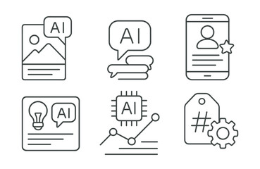 Line style icons of social media: AI content suggestion icon, smart reply generator badge, personalized feed model, AI story idea card, machine learning for trend layout, auto hashtag helper.
