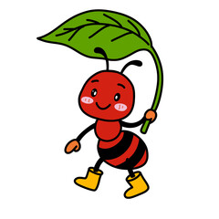 Cartoon red ant with big green leaf, wearing yellow boots, perfect for rainy season or kid's nature theme.