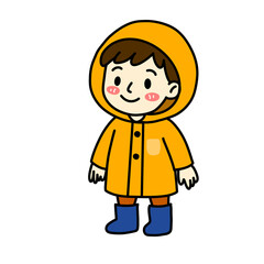 Cartoon boy in yellow raincoat and blue boots, perfect for rainy day illustrations or kids clothing designs.