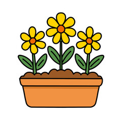Yellow cartoon flowers in terracotta pot, great for spring, gardening, or plant-themed education materials.