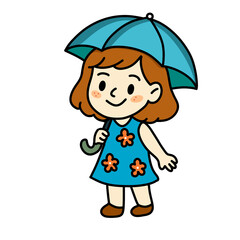 Cartoon girl holding umbrella, wearing blue dress with flowers, great for rainy season, kids themes or storybooks.