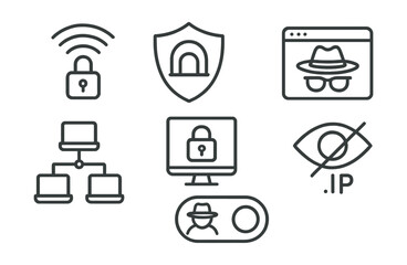 Line style icons of cybersecurity and privacy: VPN connection icon, secure tunnel badge, private browsing screen, encrypted network layout, remote access lock, hidden IP symbol, anonymous connection