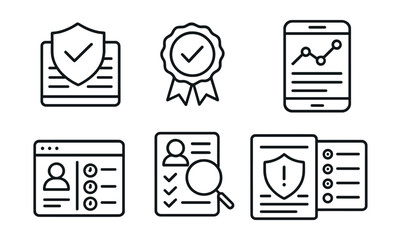 Line style icons of cybersecurity and privacy: security log icon, audit trail badge, activity tracker screen, login history panel, action report card, event timestamp list, breach attempt viewer.