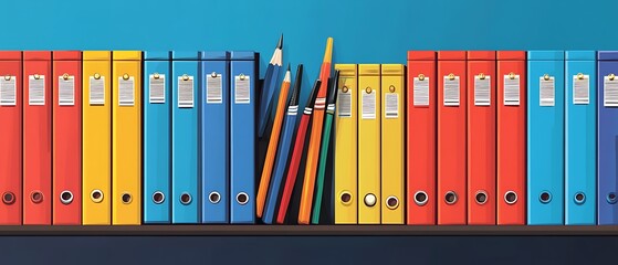 clean vector clipart table with school supplies in front and a background of lockers and class posters bright fun colors