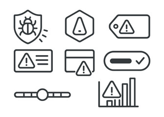 Line style icons of cybersecurity and privacy: threat severity icon, alert levels badge, critical issue tag, warning panel layout, system priority tracker, severity scale chart, status label toggle.