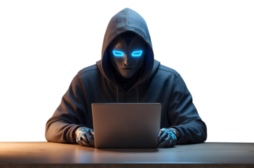 Cyberpunk hacker with glowing blue eyes and robotic hands using laptop, isolated on transparent background for cybersecurity, AI threat, or futuristic hacking concept
