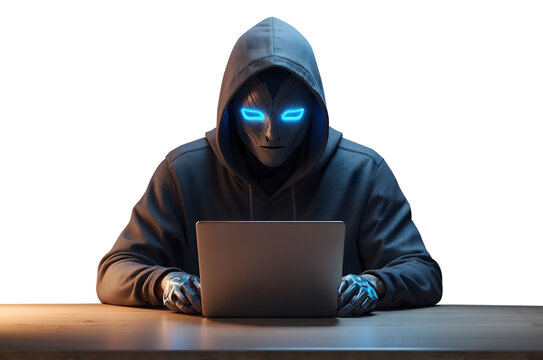 Cyberpunk hacker with glowing blue eyes and robotic hands using laptop, isolated on transparent background for cybersecurity, AI threat, or futuristic hacking concept
