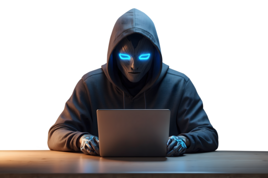 Cyberpunk hacker with glowing blue eyes and robotic hands using laptop, isolated on transparent background for cybersecurity, AI threat, or futuristic hacking concept
