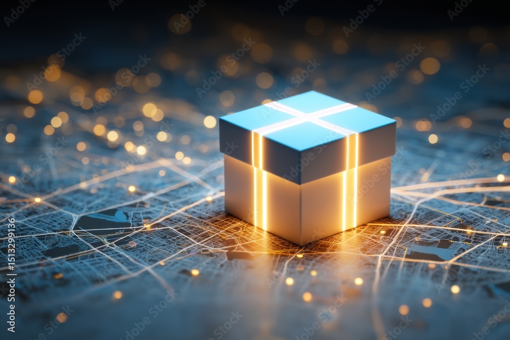 Aufkleber Glowing Package Icon Floats Above a Detailed Map, Illuminating Pathways and Locations in a Darkened Environment